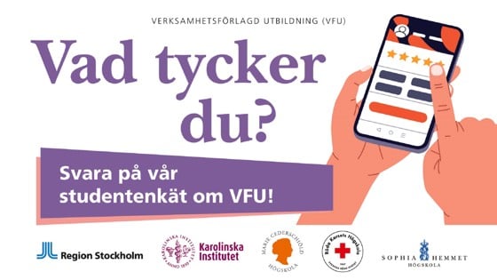 En hand som håller en mobiltelefon, VFU-enkäten. Illustration: N/A