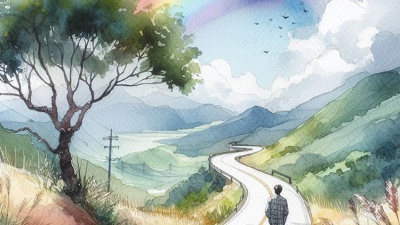 Illustration of a man walking with a rainbow in the background. Foto: Mostphotos