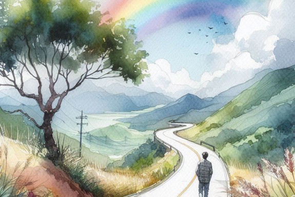 Illustration av en person som går på en väg med en regnbåge i bakgrunden. Foto: Mostphotos