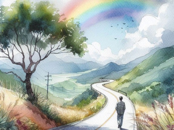 Illustration of a man walking with a rainbow in the background. Foto: Mostphotos