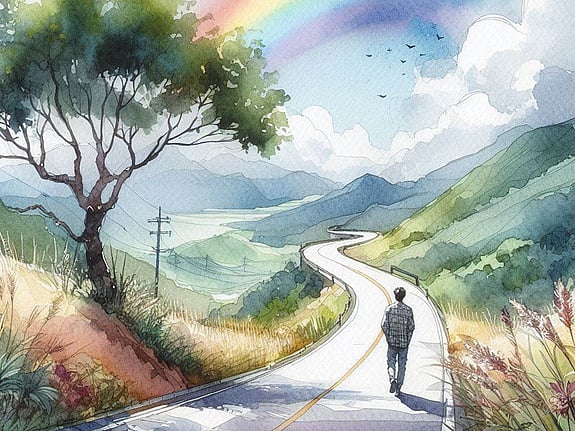 Illustration of a man walking with a rainbow in the background. Foto: Mostphotos